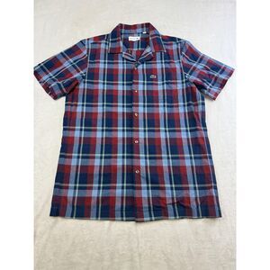 Lacoste Shirt Mens Medium Red Blue Plaid Short Sleeve Button Up Pocket Casual